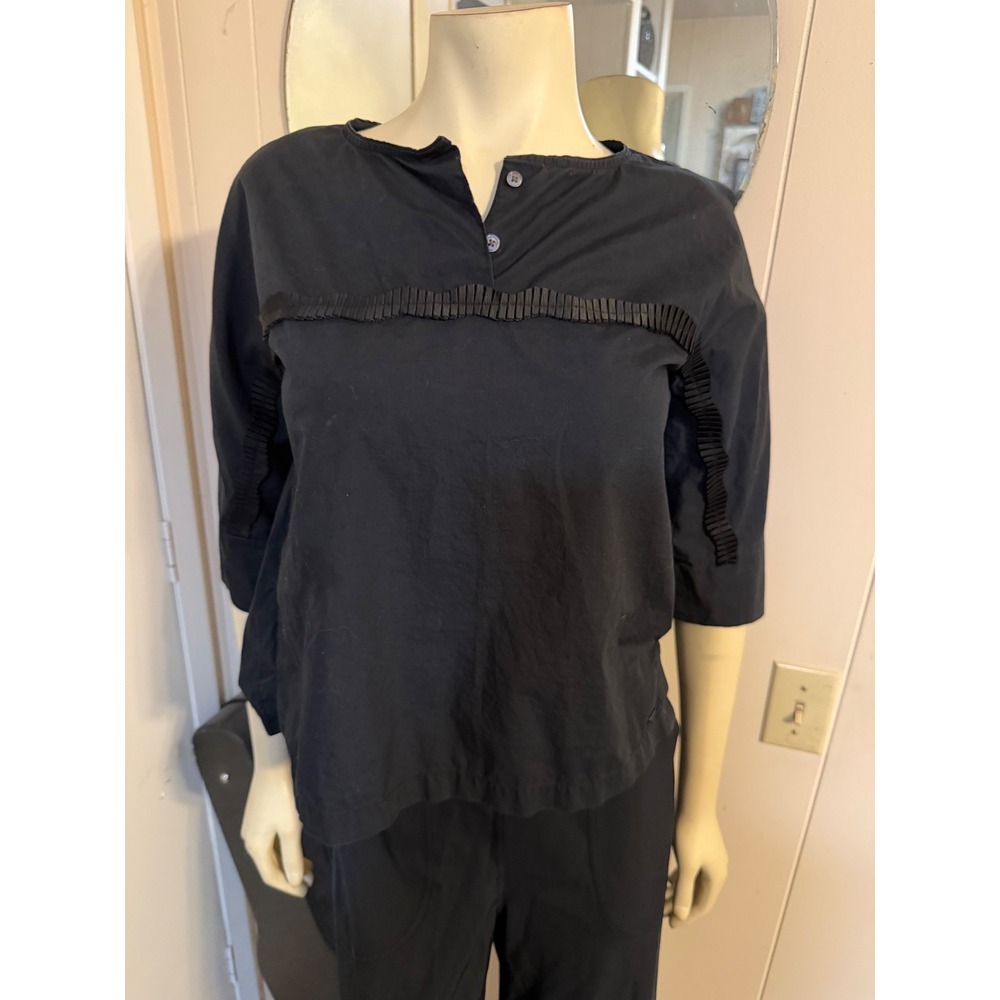 Armani Exchange Black Cotton Pleated Ribbon Henley Blouse S